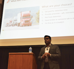 Trucker Tools' Prasad Gollapalli speaking at the 2019 Mid-America Trucking Show